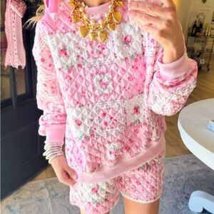 Pink Floral Quilted Pink Sweatshirt and Shorts Set